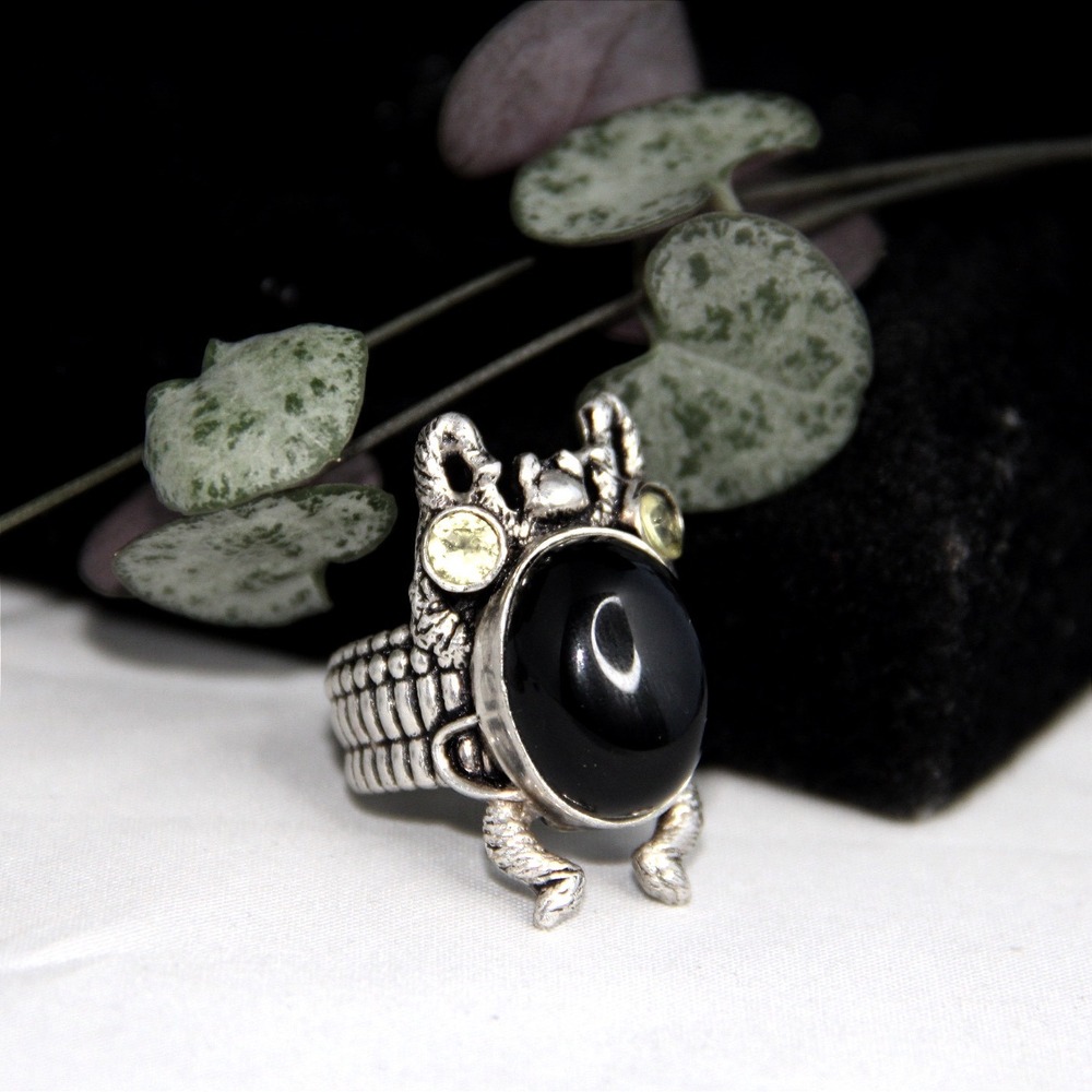 Sterling Silver Frog Ring Black Onyx Cabochon Citrine Eyes 925 Size 7.5